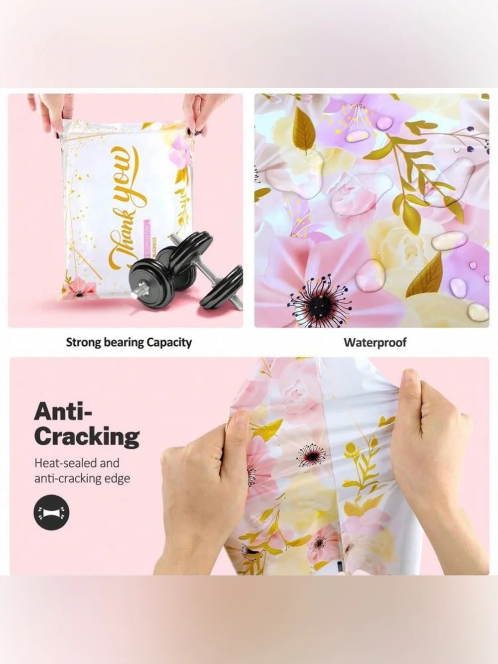 Set of 25 10”x13” Thank You Floral Pink and‎ Gold Poly Mailers